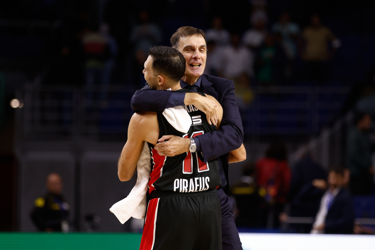 Georgios Bartzokas, head coach of Monbus Obradoiro, celebrates with Kostas Sloukas during the Turkish Airlines EuroLeague, Regular Season, basketball match played between Real Madrid Baloncesto and Olympiacos Piraeus at Wizink Center pavilion on October 19, 2022, in Madrid, Spain.